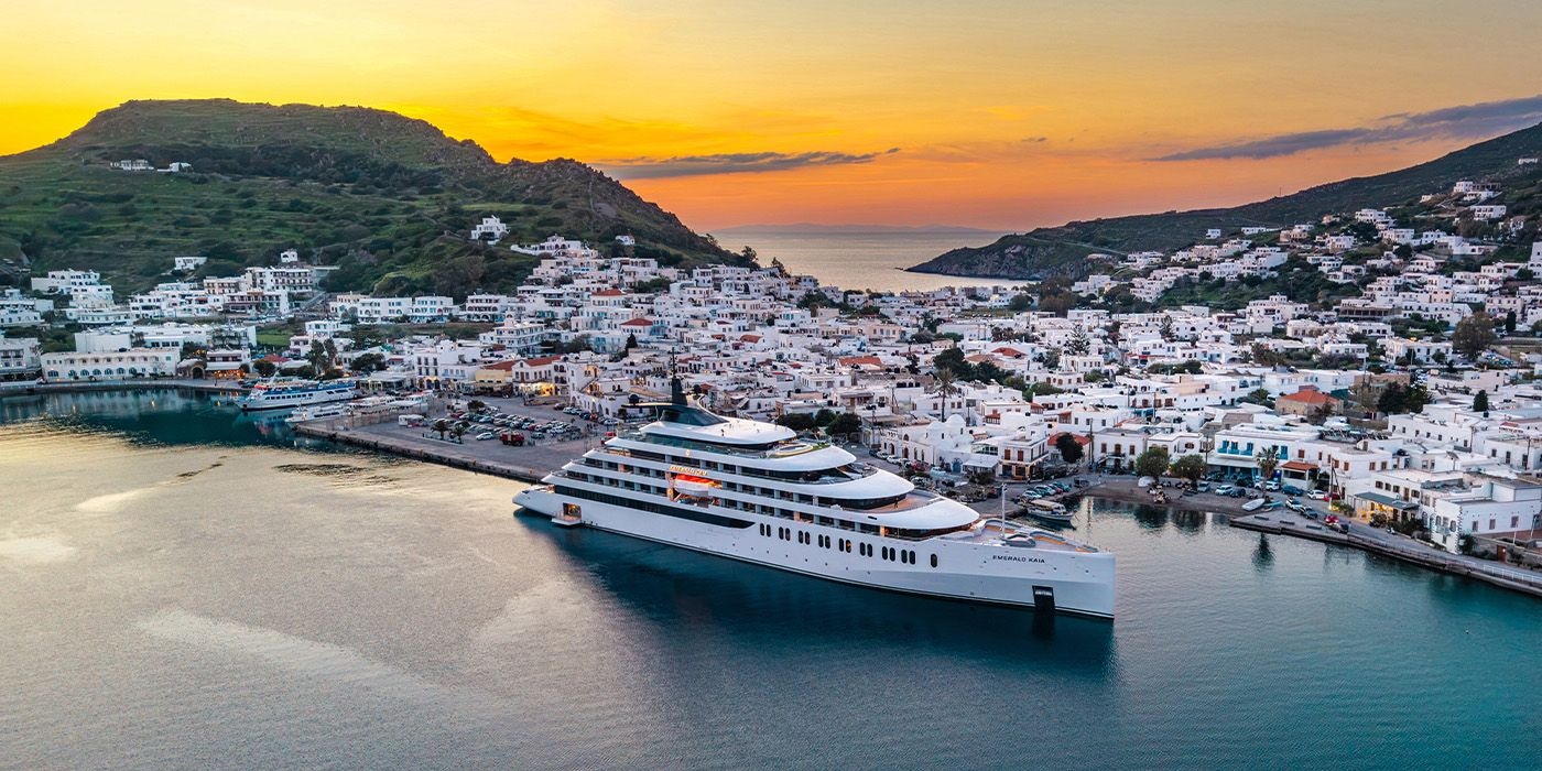 Emerald Kaia anchored beside Patmos at sunset